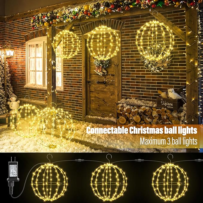 Outdoor Decorations Hanging Ball Lights 2PCS - 12 Inch Connectable Hanging Tree Globe 120 LED Fairy Lights with 8 Lighting Modes,Timing Function Waterproof Indoor Outdoor (Warm White, 2pcs)