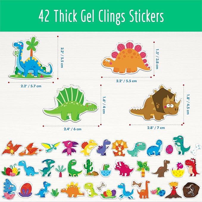 42PCS Dinosaur Jelly Stickers, Thick Window Door Clings Removable Reusable Gel Clings Decals for Kids Toddlers Adults Home Classroom Nursery Animal Theme Party Supplies (Not Edible)