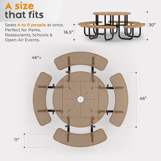 Metal Picnic Tables for Outdoors with Umbrella Hole - Coated Steel Heavy Duty Commercial Grade Table with Adjustable Seats (Brown, 46 in, Round, Expanded Steel)