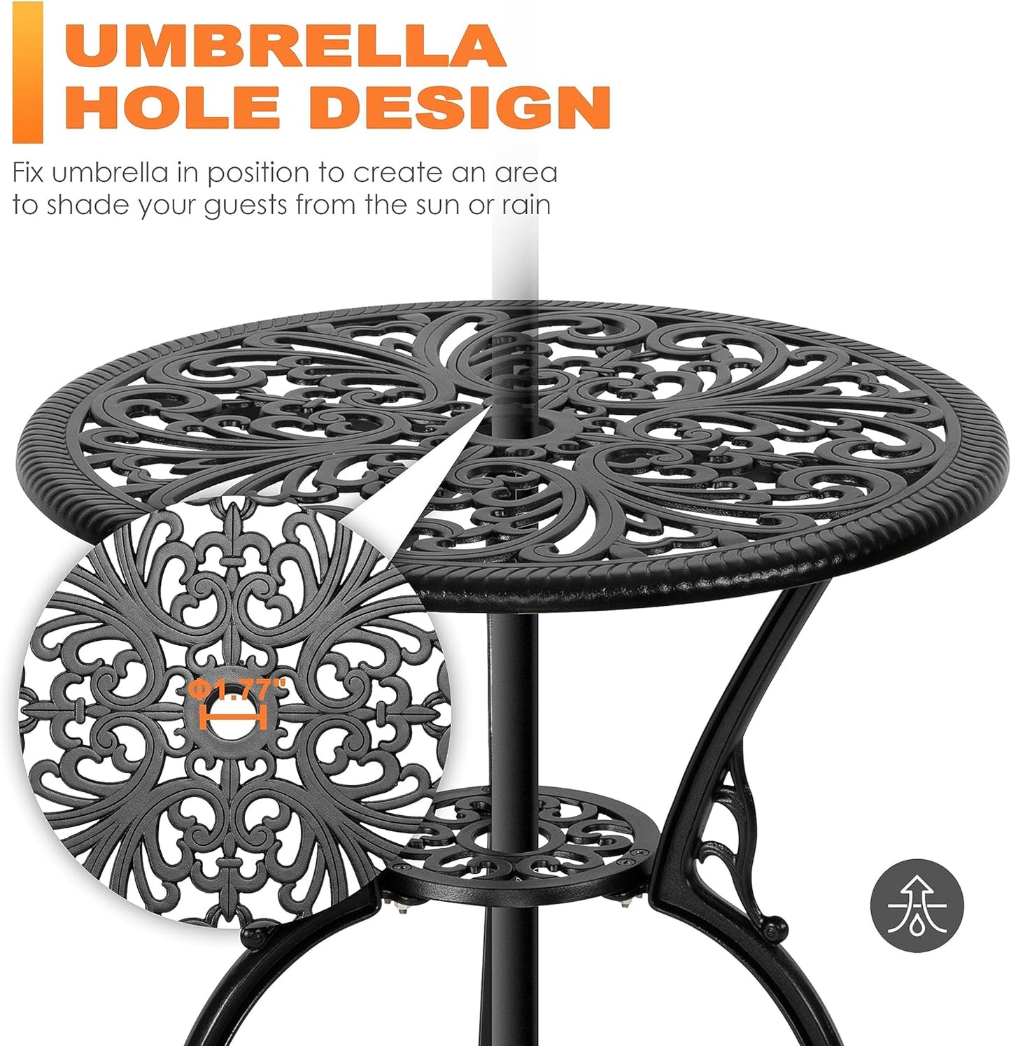 NUU GARDEN 3 Piece Outdoor Bistro Table Set, All Weather Cast Aluminum Patio Bistro Sets Patio Table and Chairs Set of 2 with Umbrella Hole for Yard, Garden, Balcony, Black