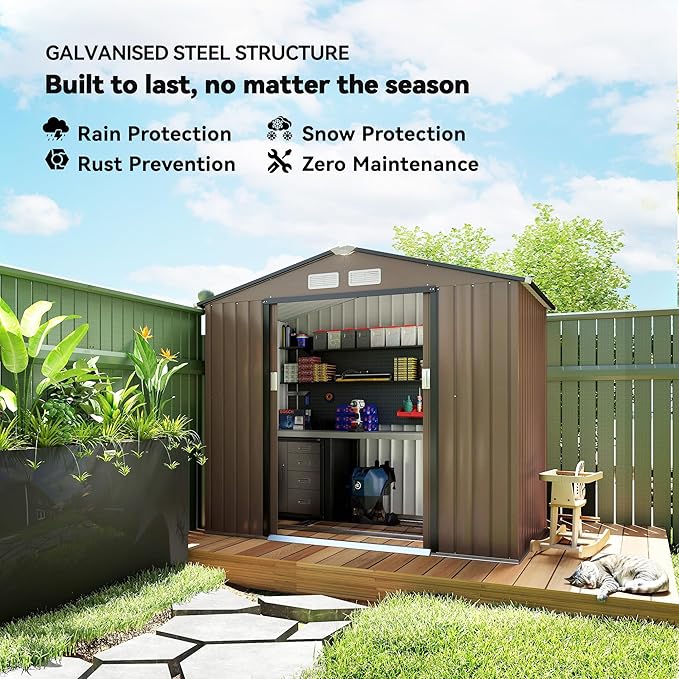 Outsunny 7' x 4' Outdoor Storage Shed, Garden Tool Metal Shed with Foundation Kit, Double Lockable Door, Air Vents and Sloping Roof, for Backyard, Patio, Lawn, Brown