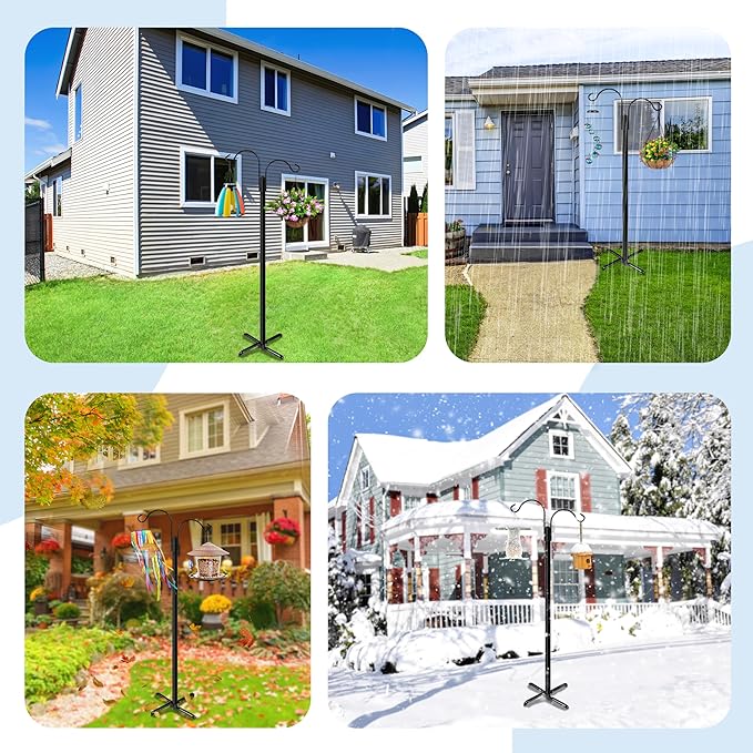 Ottsuls Double Shepherds Hooks for Outdoor, 92 Inch Bird Feeder Pole with 5 Prong Base, Upgrade 1 INCH Thick Heavy Duty Planter Hook for Hanging Baskets, Lantern,1 Pack