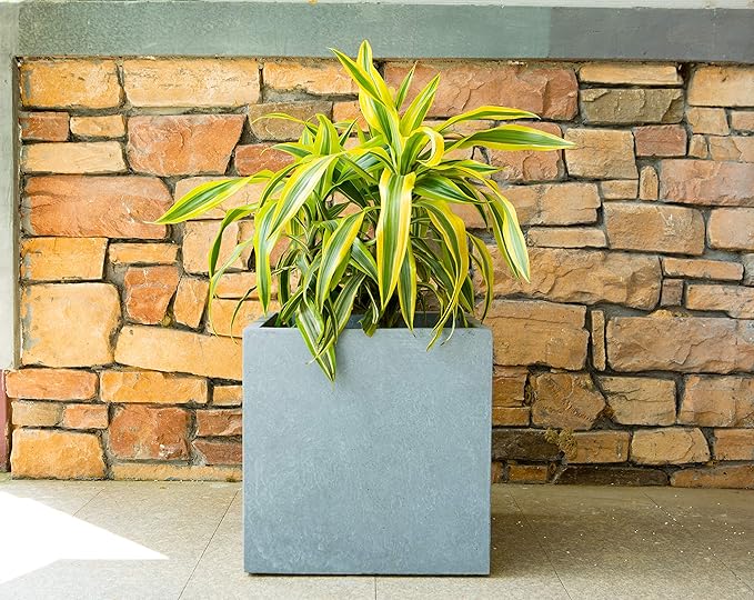 Kante 16 Inch Square Concrete Planter for Outdoor Indoor Home Patio Garden, Large Plant Pot with Drainage Hole and Rubber Plug, Slate Gray