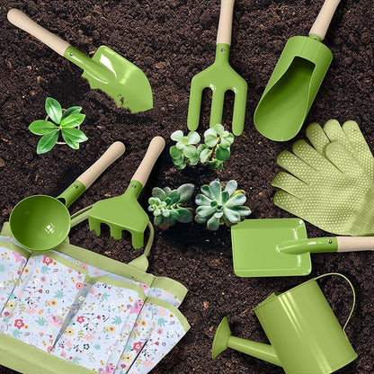 Kids Gardening Set 14Pcs Gardening Tools for Kids with Tote Bag,Watering Can, Shovel, Apron, Garden Book and More Educational STEM Learning Outdoor for Toddlers Boys Girls (Green-1)