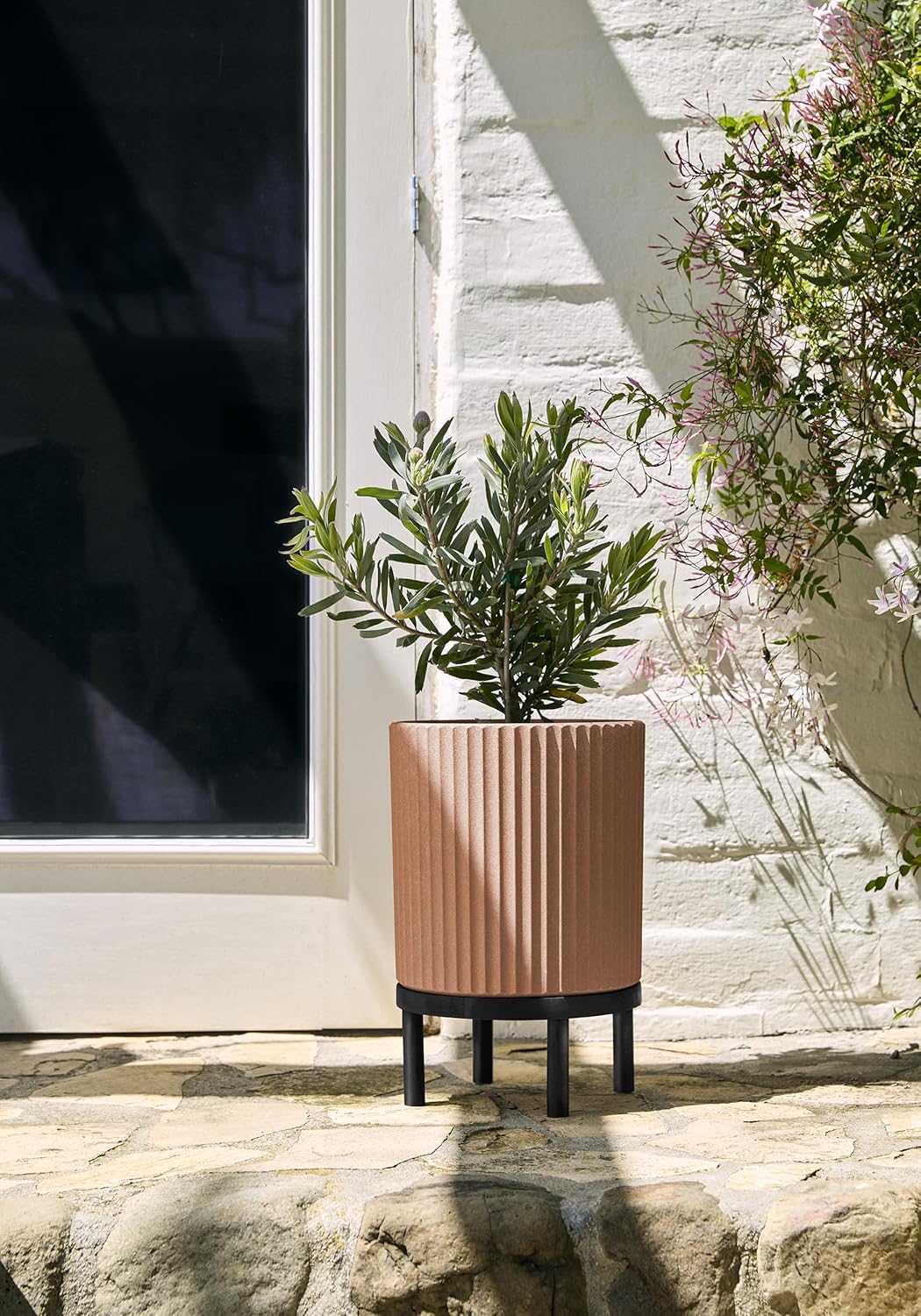 Veradek Demi Series Round Planter w/Stand for Porch/Patio | Durable Plastic-Stone Composite & Wooden Stand | Modern Décor for Tall Plants, Flowers