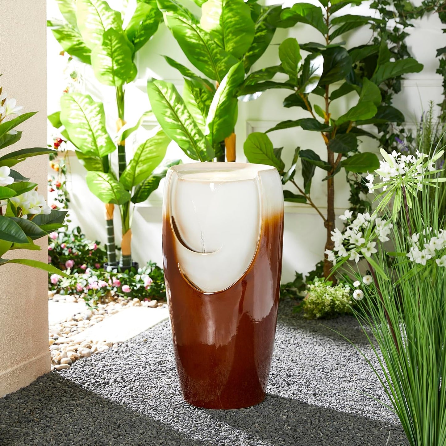 Glitzhome 29.25" H Oversized Ceramic Vase Outdoor Water Fountain, Tall Sand Beige Brown Glaze Patio Garden Water Fountain with LED Light and Submersible Pump for Garden Patio Balcony Yard Art Decor