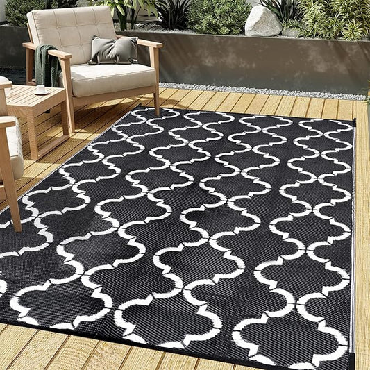 Outdoor Plastic Straw Rug, Waterproof Mat, Washable Large Floor Mat and Rug for Outdoors, RV, Beach, Patio, Camping, Backyard, Deck, Picnic, Indoor Outside (5x8ft,Lantern/Black&White)