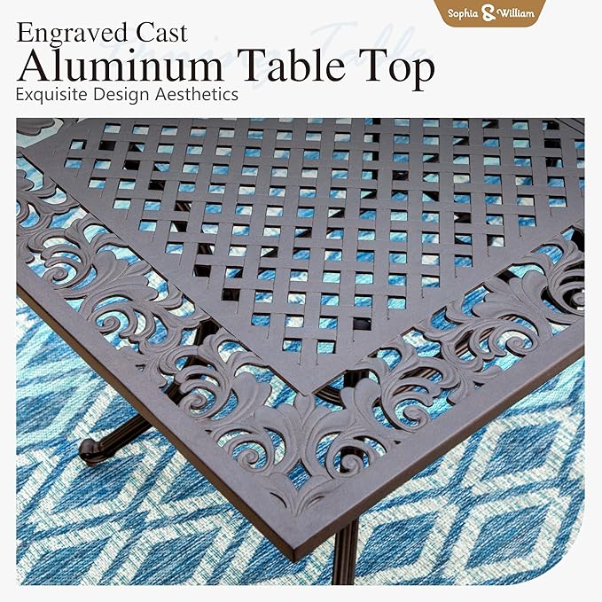 Sophia & William 7 Pieces Cast Aluminium Patio Dining Set for 6 People, Powder-Coating Outdoor Table and 4 Chairs & 2 Swivel Rocking Chairs, Outdoor Patio Table Set with 2.3" Umbrella Hole, Bronze