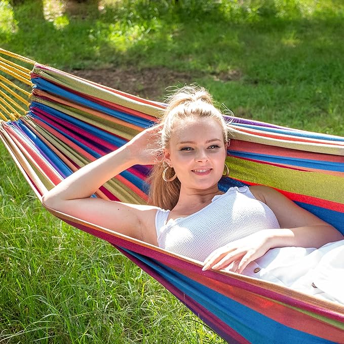 SUNCREAT Outdoor Double Hammock, Portable Tree Colorful Hammock, Colorful Stripes