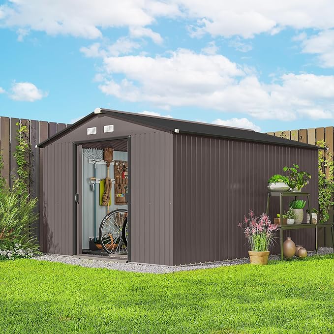Outsunny 11' x 9' Outdoor Storage Shed, Garden Tool Metal Shed with Foundation Kit, Double Lockable Door, Air Vents and Sloping Roof, for Backyard, Patio, Lawn, Brown