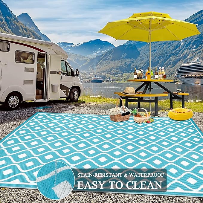 Pauwer Waterproof Outdoor Rug 9x12, Reversible Plastic Straw Patio Camping Rug, Indoor Outdoor RV Mat Carpet for Deck, Camper, Porch, Balcony, Backyard, Picnic, Geometric Teal