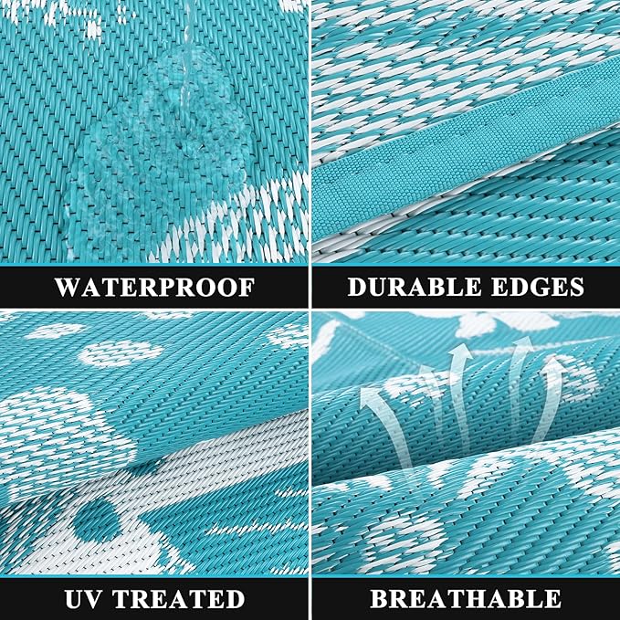 Pauwer Waterproof Outdoor Rug 6x9, Reversible Plastic Straw Patio Camping Rug, Indoor Outdoor RV Mat Carpet for Deck, Camper, Porch, Balcony, Backyard, Picnic, Floral Teal