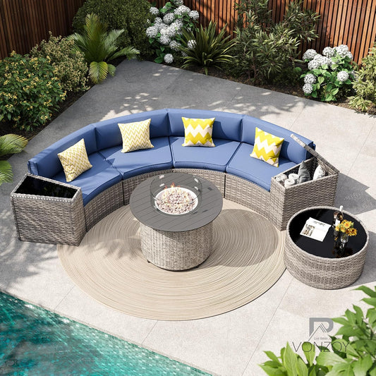 Patio Sectional Furniture Outdoor 8-Piece Grey Rattan Curved Sofa Set with Fire Pit Table,Storage Table,Pillows,Fit for Pool Backyard Balcony Porch Lawn (Navy)