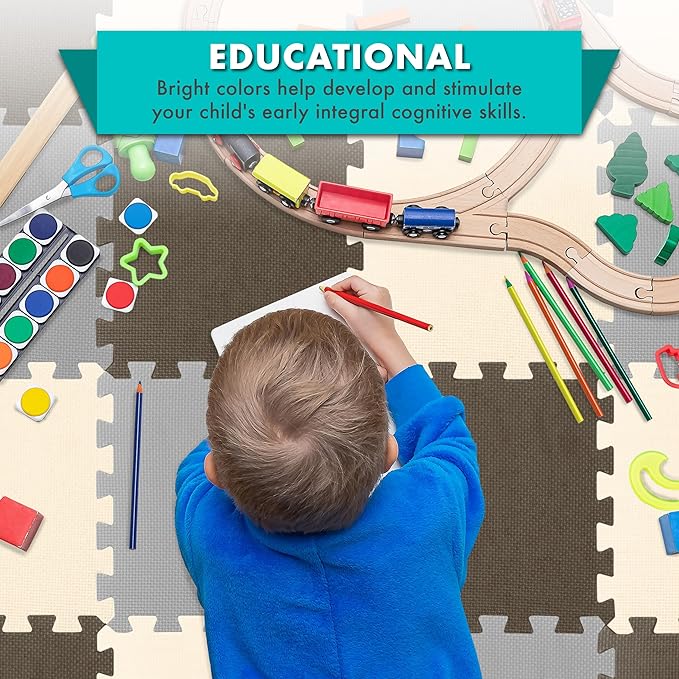 ProSource Foam Puzzle Floor Play Mat for Kids and Babies with Solid Colors, 36 or 16 Interlocking Tiles with Borders, Brown/Beige/Grey