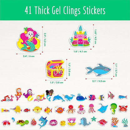 41PCS Marine World Jelly Stickers, Mermaid and Ocean Creatures Thick Window Door Decors Removable Reusable Gel Clings Decals for Kids Toddlers Kids Home Classroom Animal Party Supplies (Not Edible)