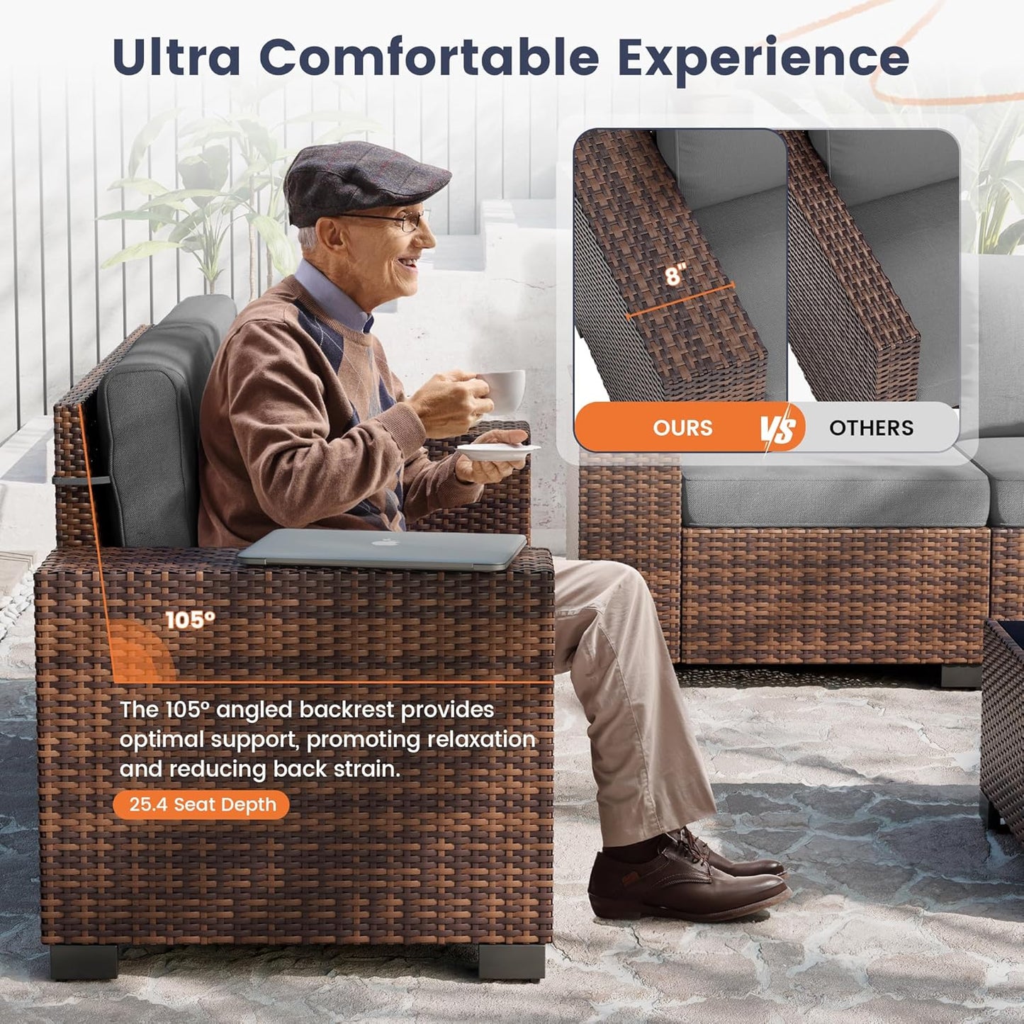 UDPATIO Patio Furniture Set with Fire Pit Table, 8 Inch Armrest Outdoor Sectional Sofa, Wicker Outdoor Furniture Conversation Sets with Waterproof Cover for Backyard Deck(Brown/Dark Grey)