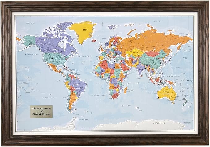 Push Pin Travel Maps - Customizable Blue Oceans World with Solid Wood Brown Frame- 27.5" x 39.5" - 8 Handcrafted Frame Options - Made in USA - Ideal for Adventurous Travelers