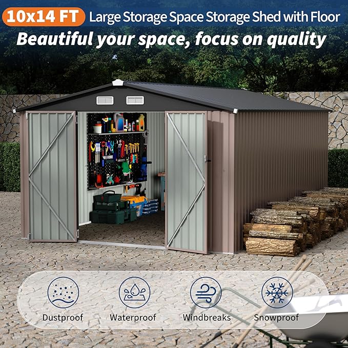 10x14 FT Metal Storage Sheds Outdoor, Metal Yard Sheds Garden Shed Kit, Metals Tool Shed with Lockable Door, Metals UtilityShed Buildings with Air Vent for Backyard Garden Patio Lawn