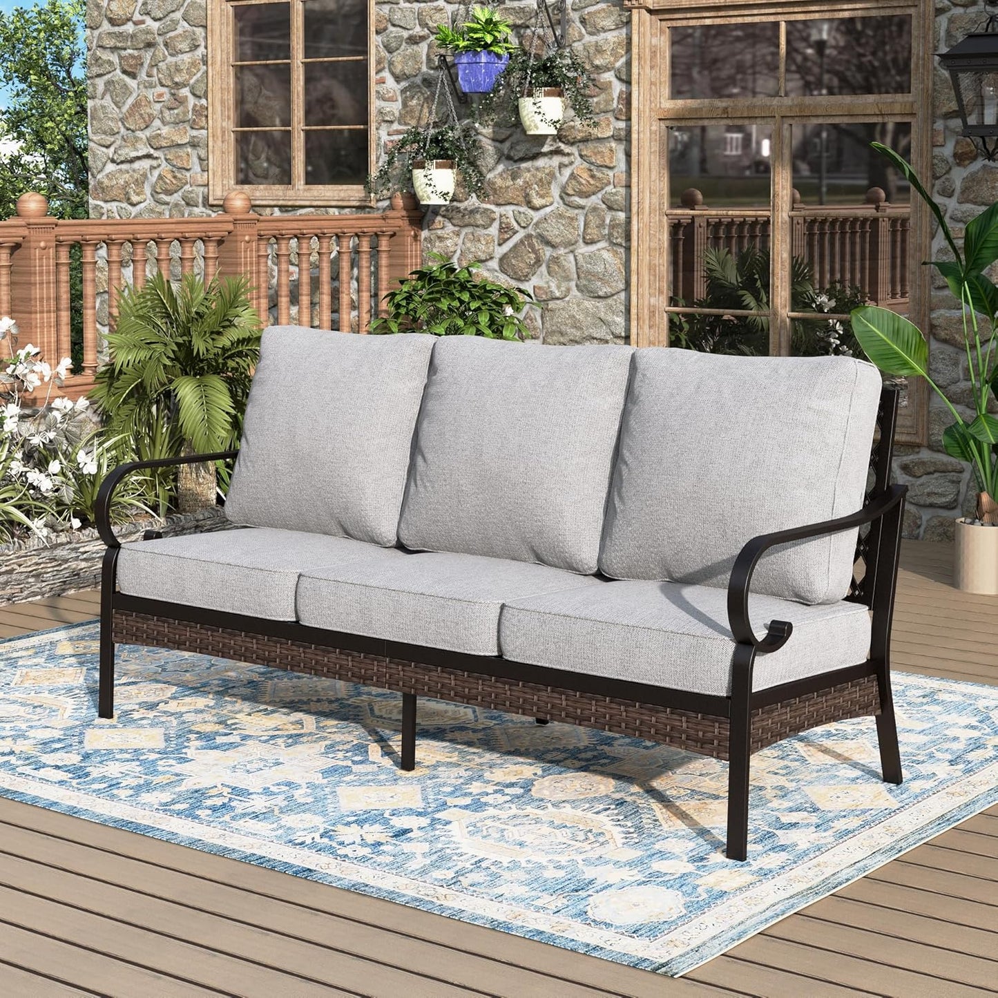 Patio Furniture Sofa, 3-Seat Patio Sofa Steel Frame Outdoor Sectional Couch with Deep Seating and 5.75” Cushions for Lawn Backyard Porch Deck, Light Grey