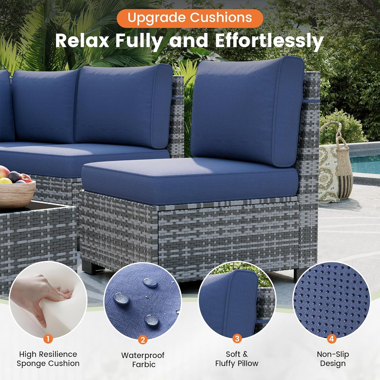 UDPATIO Patio Furniture Set with Fire Pit Table, 8 Inch Armrest Patio Sectional Sofa, 7 Piece Wicker Outdoor Furniture Conversation Set with Waterproof Cover for Backyard Deck(Grey/Navy)