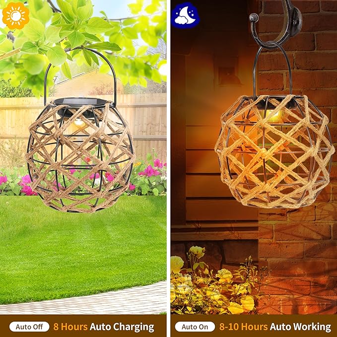 HPC Decor 2 PK Solar Lanterns-Outdoor Waterproof, Hemp Rope, Hanging Outdoor, Round Lamp Boho Decor for Garden, Yard, Patio, Porch, Pathway.