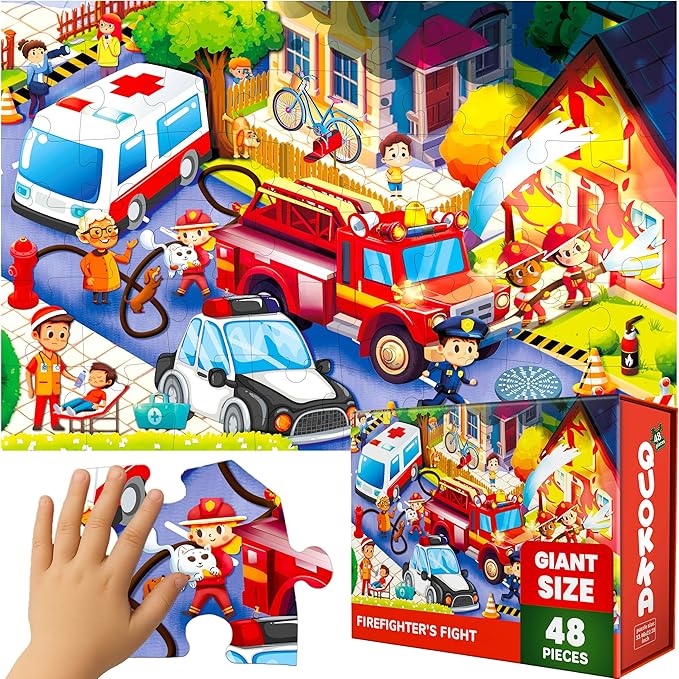 QUOKKA Giant Floor Puzzle for Kids Ages 4-6 – 2x3 Feet Extra-Thick 48 Pieces Toddler Puzzle Ages 3-5 – Firetrucks Educational Activity for Boys Girls – Premium Box with Sturdy Handle & Magnetic