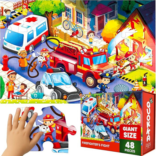 QUOKKA Giant Floor Puzzle for Kids Ages 4-6 – 2x3 Feet Extra-Thick 48 Pieces Toddler Puzzle Ages 3-5 – Firetrucks Educational Activity for Boys Girls – Premium Box with Sturdy Handle & Magnetic