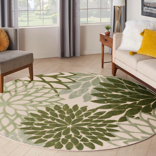 Nourison Home Aloha Indoor/Outdoor Ivory Green 5'3" x Round Area Rug, Easy Cleaning, Non-Shedding, Bed Room, Living Room, Dining Room, Backyard, Patio, Deck (5 Round)