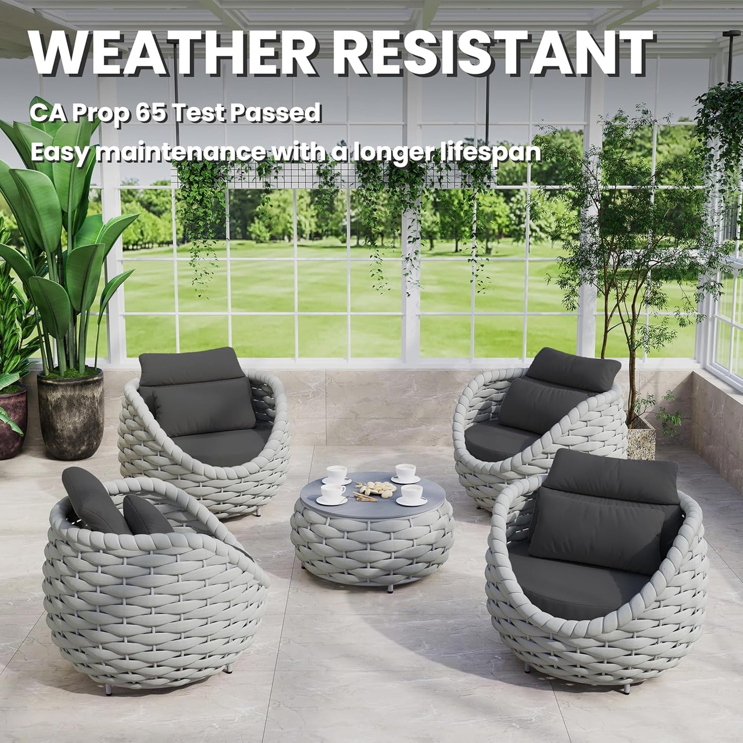 Woven Rope Deck Furniture Set: 5 Pieces Aluminum Patio Conversation Set All Weather - Cushioned Outdoor Sofa Set Assembled - Metal Modern Couch Set for 400 lbs Porch Deck Garden Poolside Hotel
