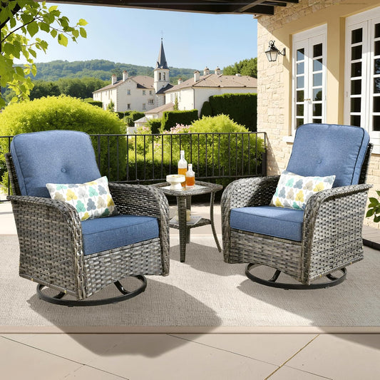 ovios 3 Pieces Patio Furniture Set, Outdoor Rocking Chairs of 2, Wicker Swivel Glider Chairs with Side Table Thick Cushions, All Weather Rattan Bistro Set for Porch, Denim Blue