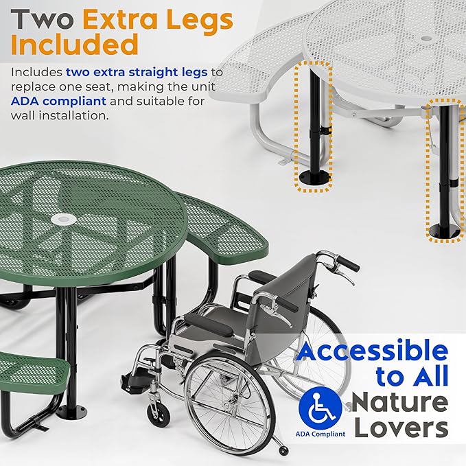 Metal Picnic Tables for Outdoors with Umbrella Hole - Coated Steel Heavy Duty Commercial Grade Table with Adjustable Seats (Green, 46 in, Round, Punched Steel)