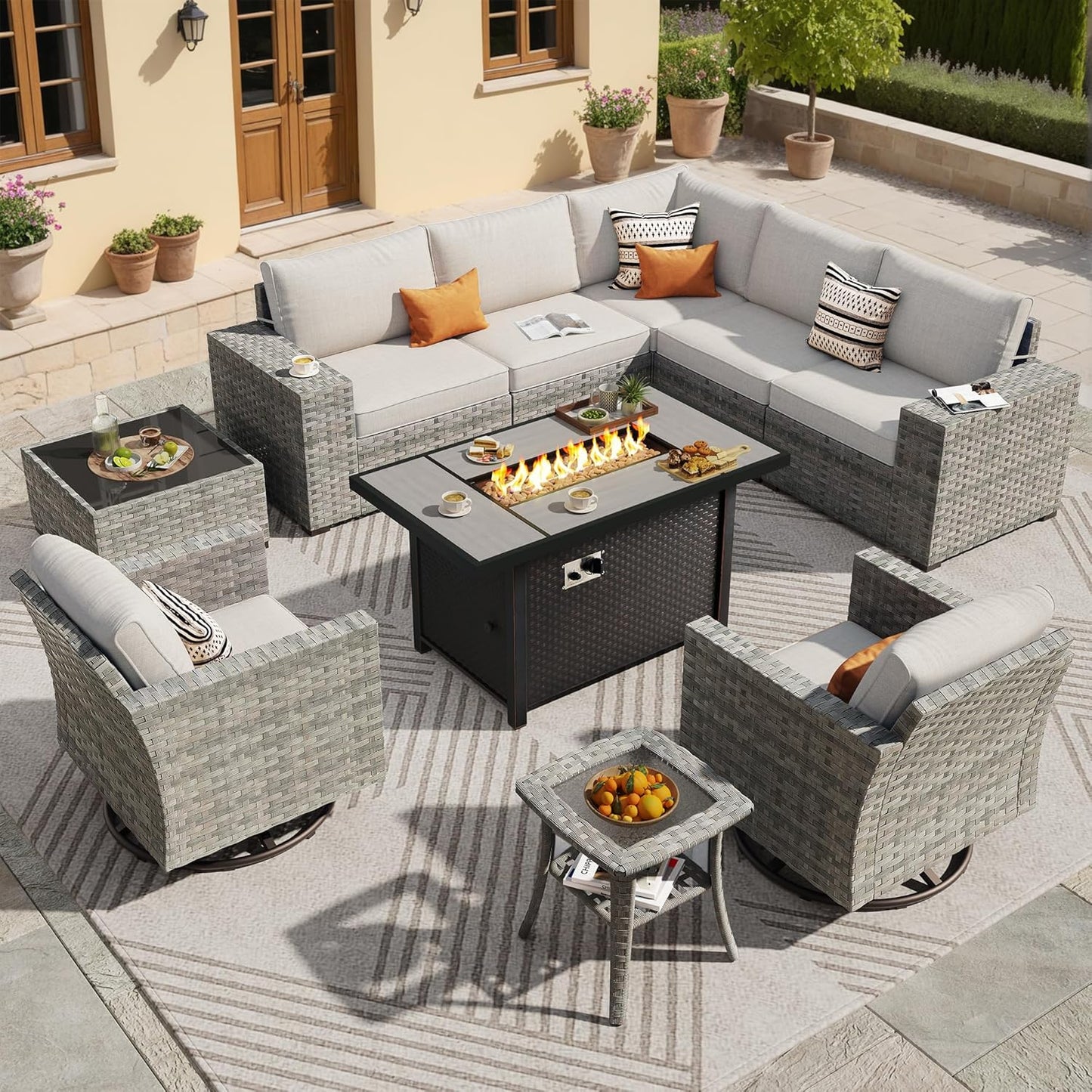 ovios 10 Pieces Patio Furniture Set, Outdoor Wicker Sectional Sofa with 42" Fire Pit Table Swivel Chairs, Modern Modular Deep Seat Rattan Couch Conversation Sets, Beige