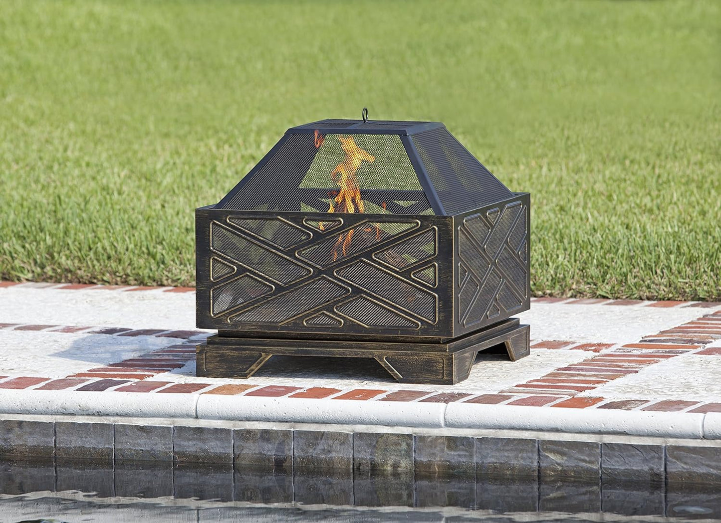 Fire Sense 62239 Fire Pit Catalano Wood Burning Lightweight Portable Outdoor Firepit Backyard Fireplace for Camping Bonfire Included Screen Lift Tool & Cooking Grate - Square - Antique Bronze Finish