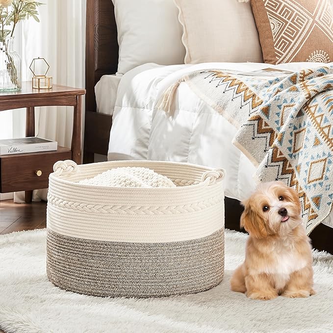 KAKAMAY Large Blanket Basket (20"x13"),Woven Baskets for storage Baby Laundry Hamper, Cotton Rope Blanket Basket for Living Room, Laundry, Nursery, Pillows, Baby Toy chest (White/Beige)