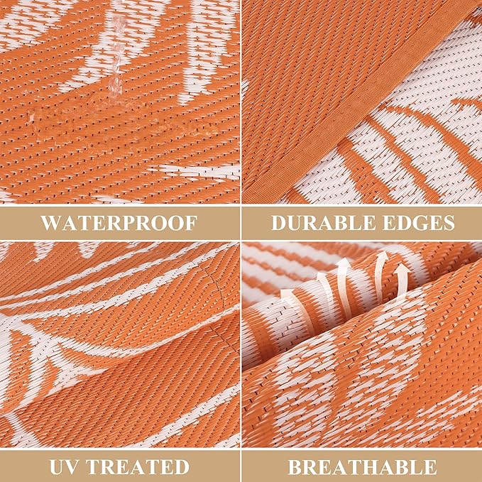 Pauwer Waterproof Outdoor Rug 8x10, Reversible Plastic Straw Patio Camping Rug, Indoor Outdoor RV Mat Carpet for Deck, Camper, Porch, Balcony, Backyard, Picnic, Leaf Orange