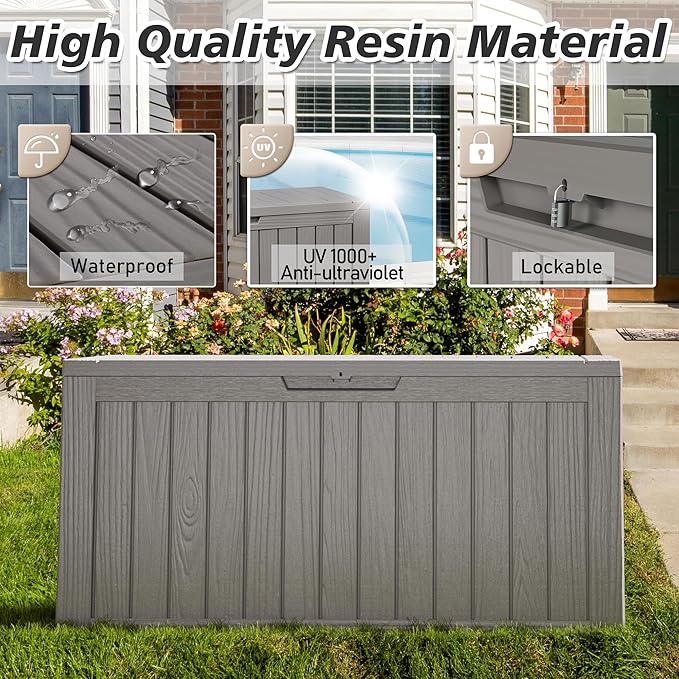 KAMABOKO Deck Box, 75 Gallon Resin Indoor and Outdoor Storage Boxes Waterproof for Garden Tools, Pool Accessories Storage Bench, Patio Furniture and Cushions with Lockable Lid, Grey