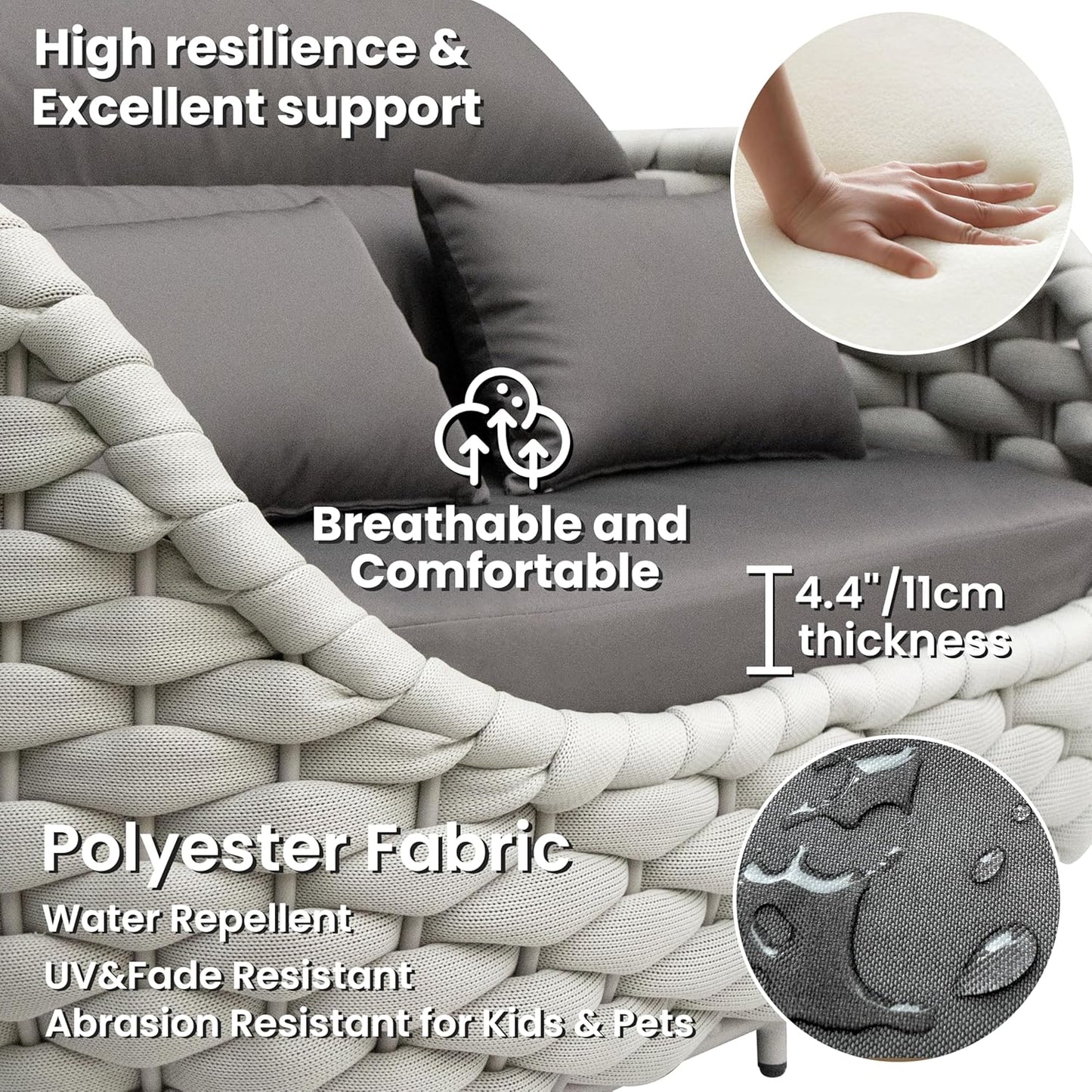 Rope Patio Furniture Set: 4 Pieces Aluminum Outdoor Couch Set Cushioned - Assembled Conversation Sofa Set Modern - Metal Porch Seating for 5 Person - All Weather for Deck Garden Poolside Hotel