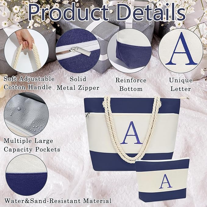 YOOLIFE Beach Bags for Women - Initial Tote Waterproof Bag with Makeup Bag, Mothers Day Gifts for Women Mom Friend Birthday