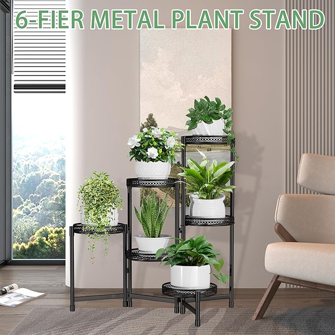 Metal Plant Stand Indoor 6 Tier Tall Corner Flower Stand Outdoor for Multiple Plants Folding Iron Flower Display Holders Rack Shelf Black (6 tier)