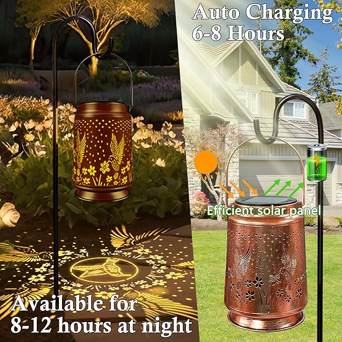 KY&BOSAM Solar Lanterns Outdoor Waterproof Hummingbird Garden Decor Birthday Gifts for Women Mom Grandma Hanging Solar Lights Outdoor Metal LED Lantern Outside for Yard Patio Backyard Porch Pathway