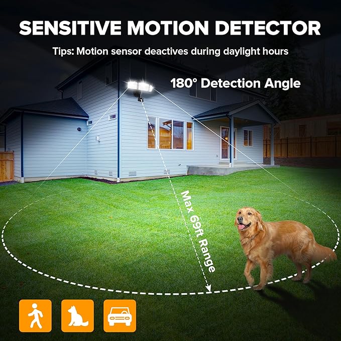 UME 2 Pack 5500LM LED Security Lights Motion Sensor Light Outdoor, 49W, 5000K Daylight, IP65 Waterproof, Dusk to Dawn, 3 Head Motion Detected Flood Light for Garage, Yard, Porch (Black)