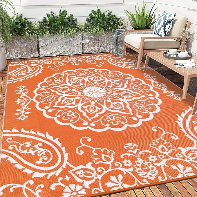 Pauwer Waterproof Outdoor Rug 8x10, Reversible Plastic Straw Patio Camping Rug, Indoor Outdoor RV Mat Carpet for Deck, Camper, Porch, Balcony, Backyard, Picnic, Boho Orange