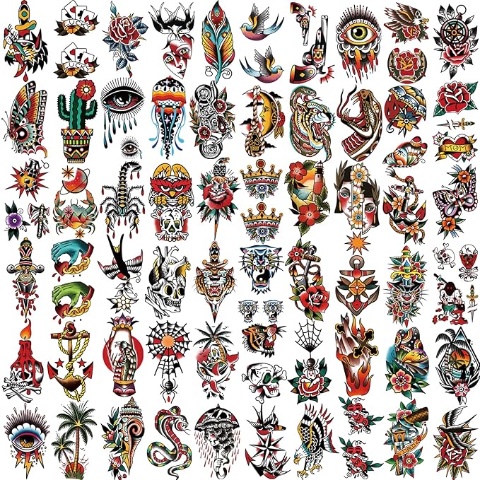 Yazhiji 77sheets Waterproof Temporary Tattoos，Old School Tattoo，Sailor Jerry Style Vintage Classical Fake Tattoo, American Traditional Flower Rose Arm Stickers for Women Men Adults Kids
