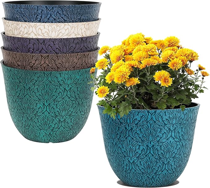 Worth Garden Plastic Round 8" Plant Pots for Indoor Plants - Set of 6 Multicolor Small Flower Pots W/Drainage Hole and Rubber Plug - Home Christmas Decorative planters Retro Floral Pattern