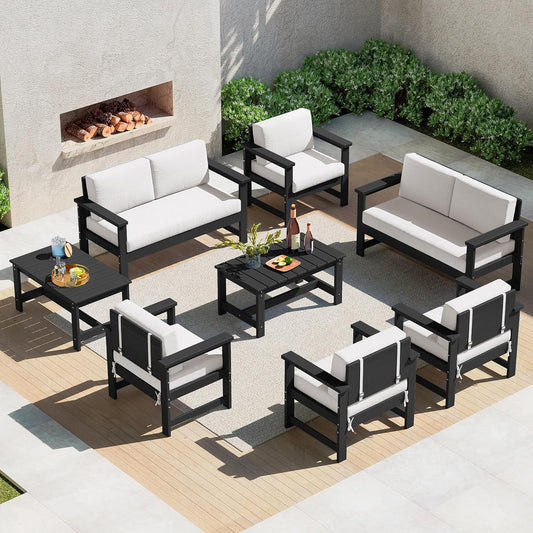 SERWALL 8 Pieces HDPE Outdoor Conversation Sofa Set with Cushions, All Weather Use Patio Couch Loveseat Furniture with Side Table for Balcony, Deck, Poolside, Black Frame with Khaki Cushions