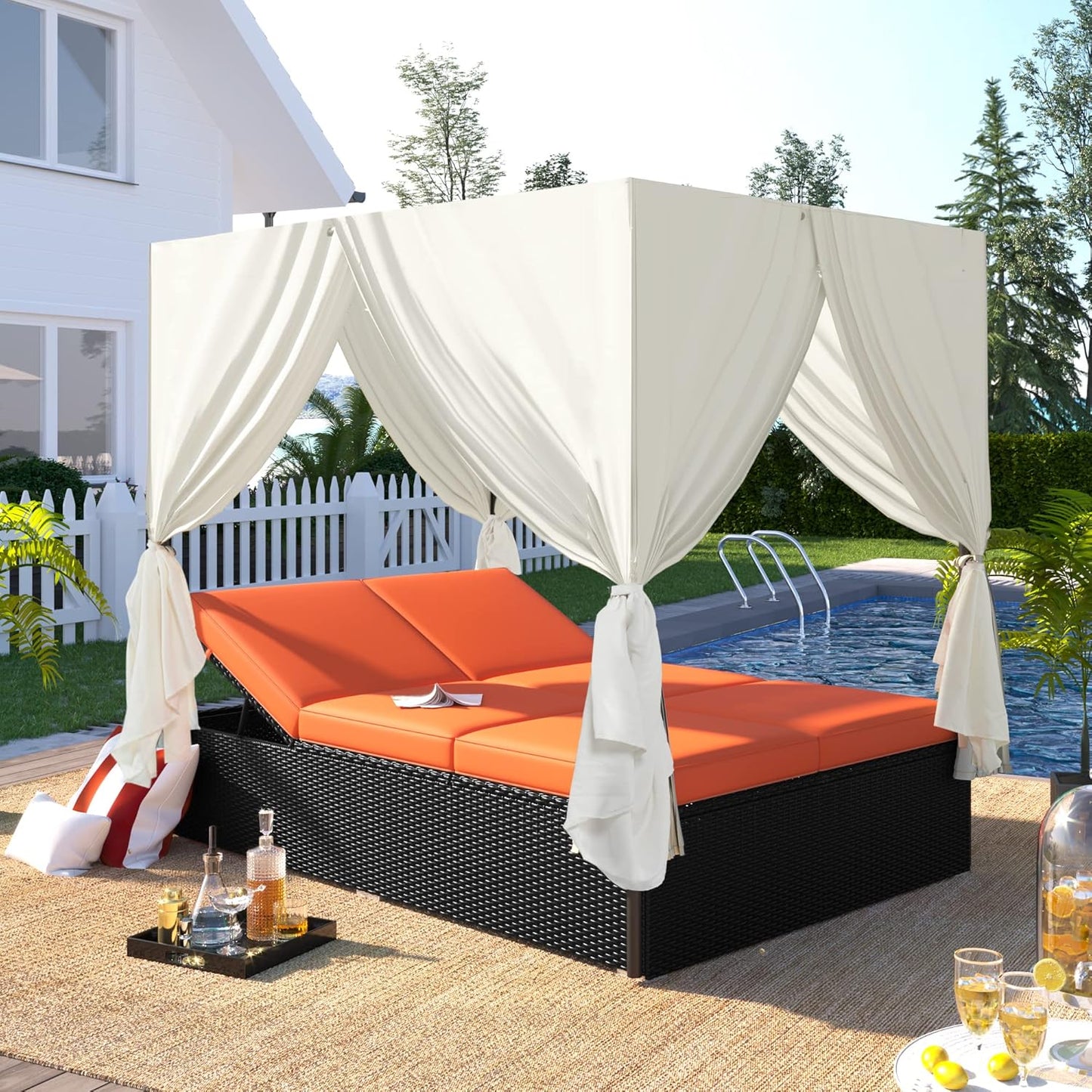 Patio Chaise Lounge, PE Rattan Outdoor Patio Wicker Sunbed Daybed with Adjustable Seats, Four-sided Canopy, Overhead Curtain and Orange Cushions for Backyard, Garden, Poolside (for 2-6 people)