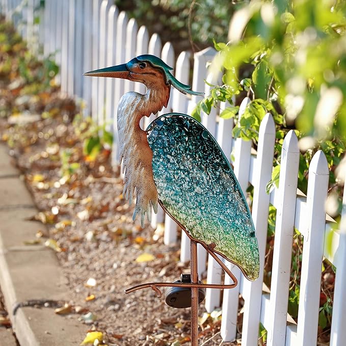 TERESA'S COLLECTIONS Blue Heron Garden Decor for Outside Solar Lights, 39" Glass Lawn Ornaments with Outdoor Lights Decorative Stake, Yard Art Decorations Outdoor for Patio Gifts for Mom Grandma