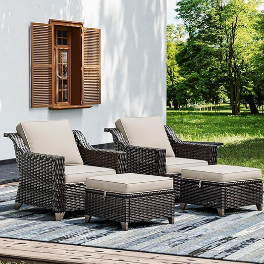 Joyside Wicker Patio Furniture Sets, 4 Pieces Upgraded Large Size Outdoor Furniture with Patio Dining Chairs and Outdoor Ottoman, Thick Cushions, Wide Armrest