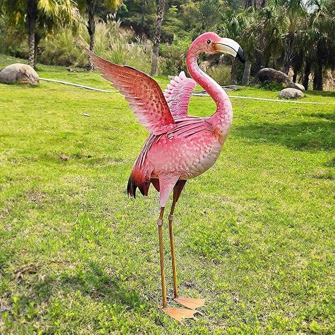 Natelf Garden Flamingo Statues and Sculptures, Outdoor Metal Bird Yard Art, Pink Flamingos Lawn Ornament for Patio Backyard Porch Decorations