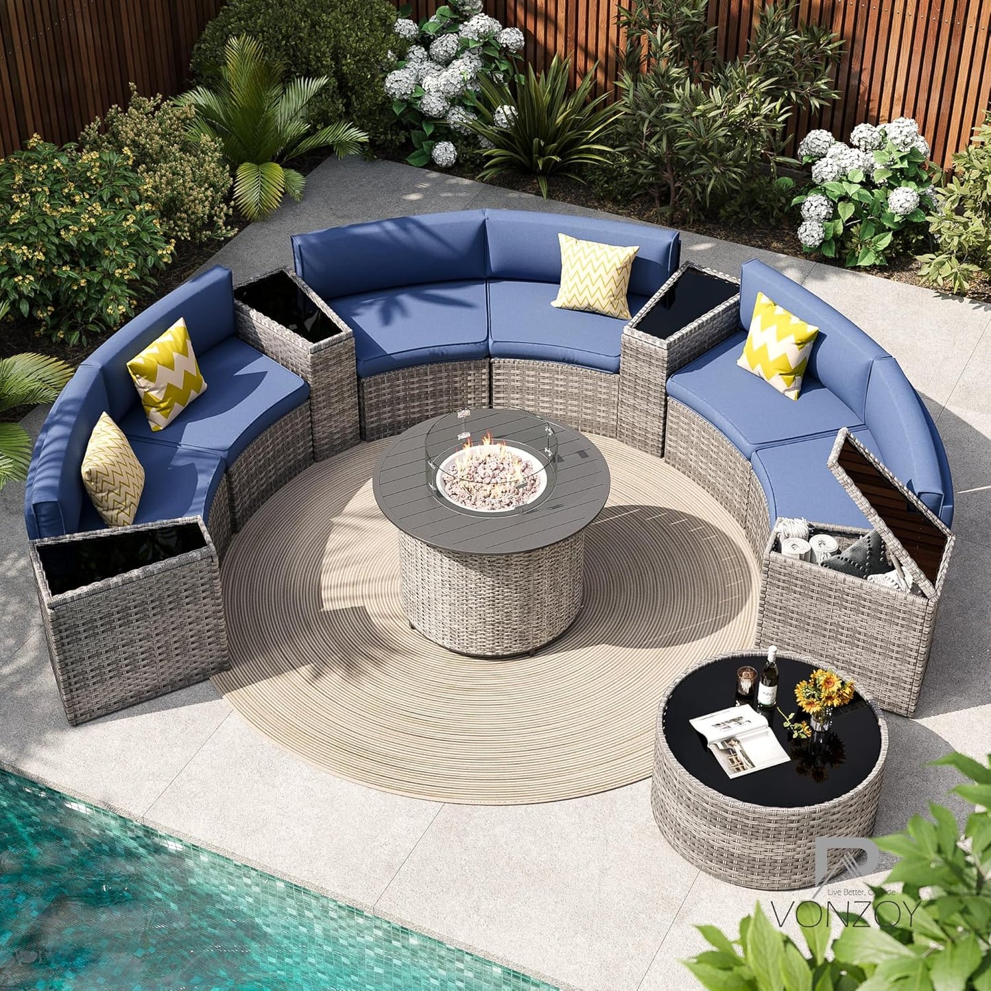 Patio Sectional Furniture Outdoor 12-Piece Grey Rattan Curved Sofa Set with Fire Pit Table,Storage Table,Pillows,Fit for Pool Backyard Balcony Porch Lawn (Navy)